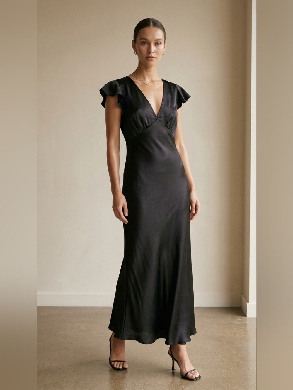 Vtg 90s Bebe Black Satin Maxi Slip Dress S USA Y2K Minimalist Bias Cut Feminine